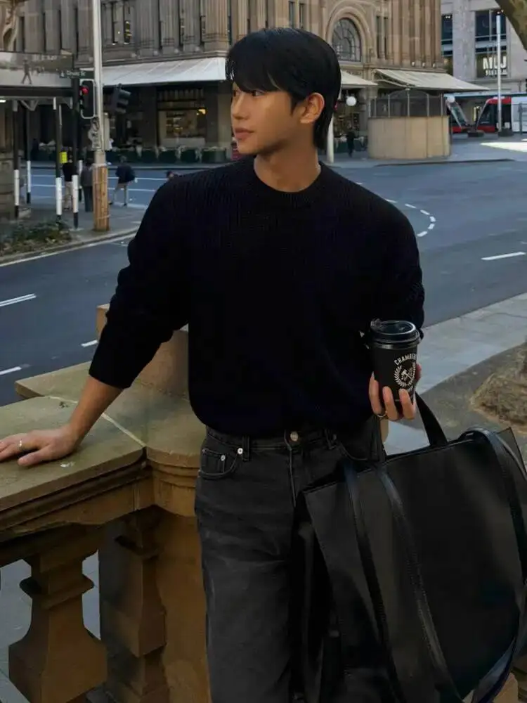 

Простые свитера, однотонные мужские с круглым воротником, свободная трикотажная одежда, повседневный пуловер, универсальные мужские топы, зима 2023 г.