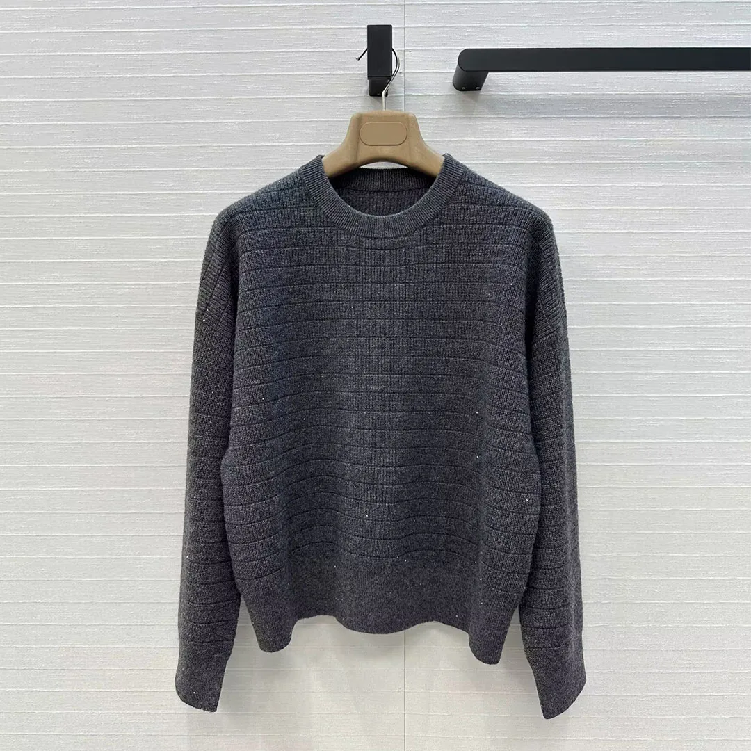 

New Autumn Luxury 100% Cashmere Pullover Women Crochet Sequins Solid Stripes O-neck Long Sleeve Casual Knitted Sweater