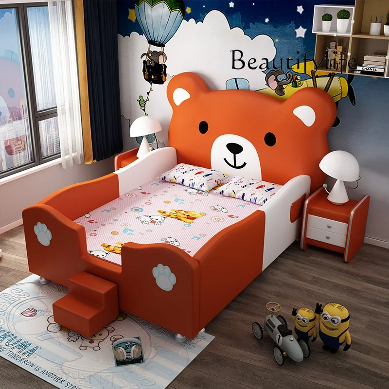 창의적인 만화 곰 어린이 침대 모던 심플 프린세스 침대 원목 1.5m 싱글 침대 가드레일 포함 가구