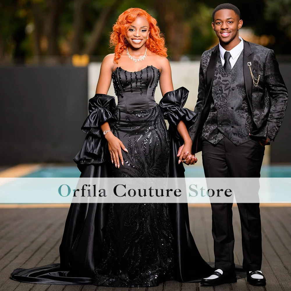 Luxury Black Mermaid Long Prom Dresses 2025 Beads Sequined Reception Gown Formal Evening Party Gowns Customized
