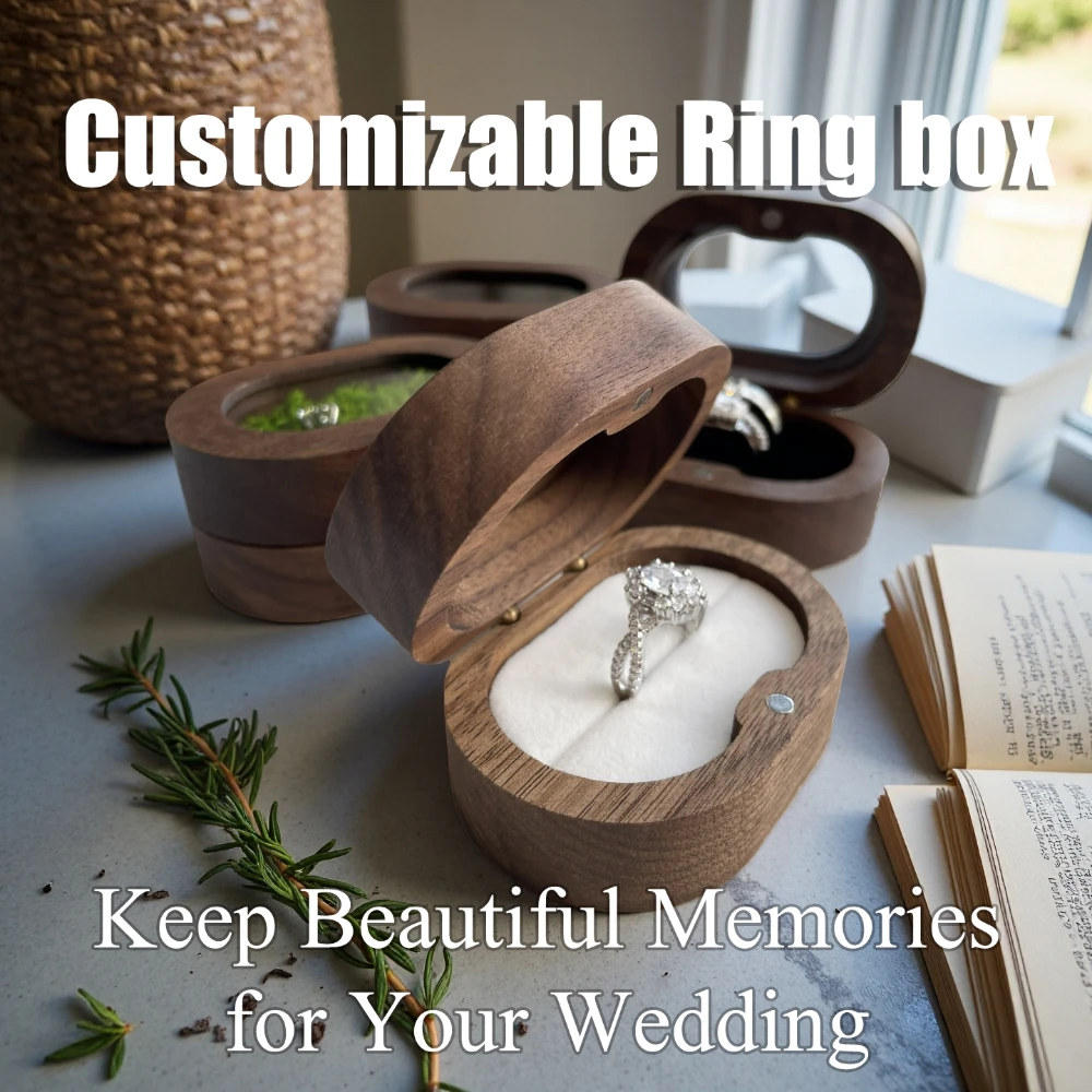 

Custom Ring Box Oval Walnut Wood Laser Engraving Name Date Personalized Jewelry Case for Proposal Engagement Wedding Day