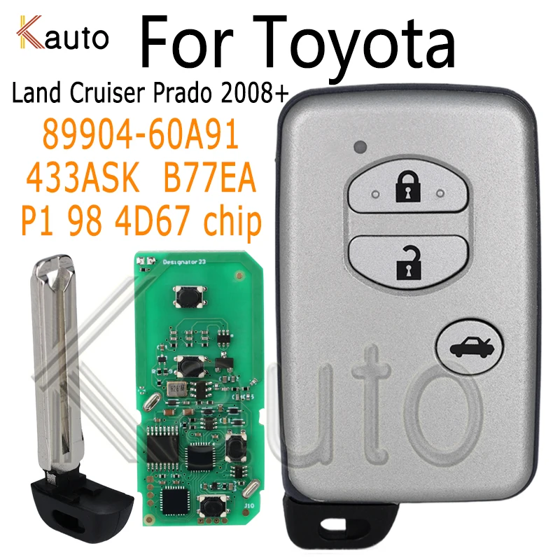 Chave de controle inteligente sem chave go a433 para toyota land cruiser prado 2008 + 89904-60a91 b77ea p1 98 4d-67 chip 3 botões chave remota do carro