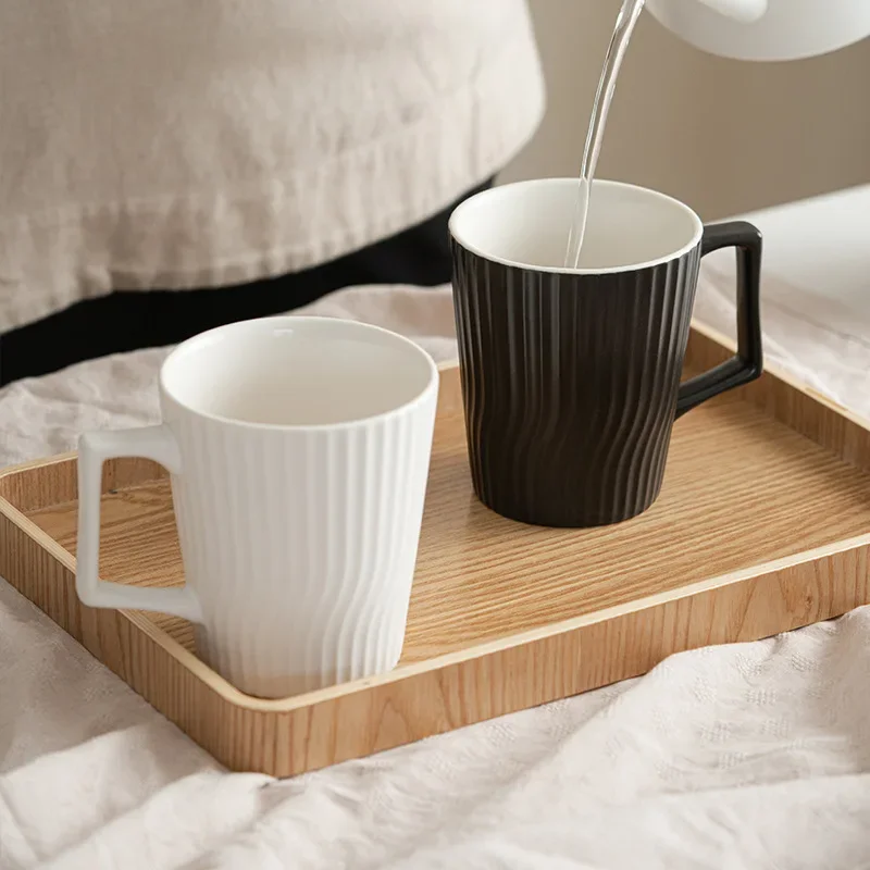 Embossed Ceramics Mug with Handle Solid Color Striped Shape Milk Coffee Water Cup for Household And Office Practical Use