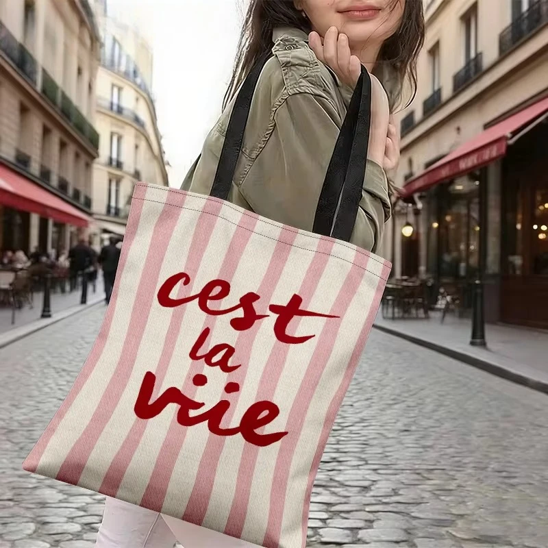 French Quote Canvas Tote Bag Pink Beige Vertical Stripe Pattern Aesthetic Ladies Daily Shoulder Shopping Bag