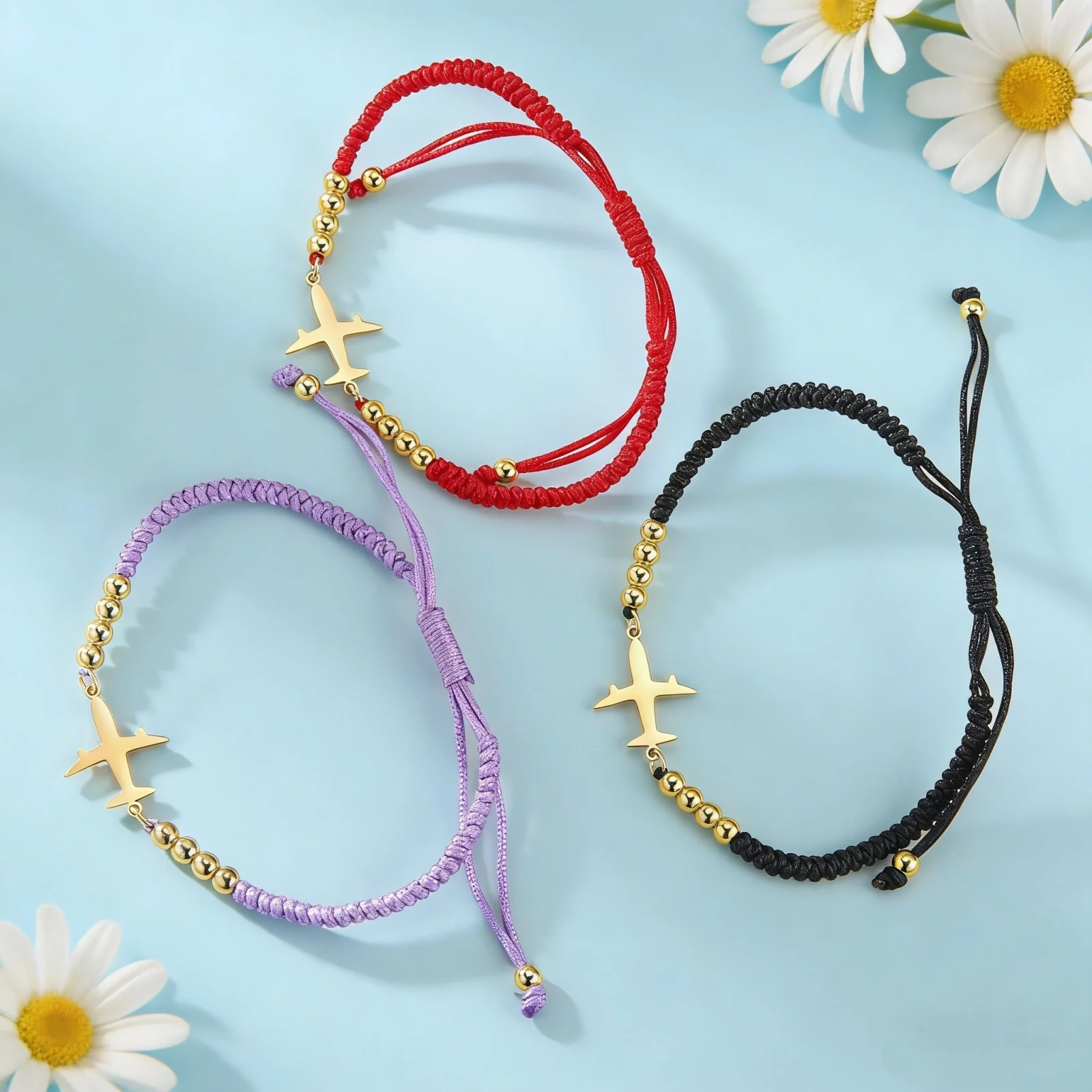 Skyrim Flugzeug-Anhänger Armband aus Edelstahl für Männer und Frauen mit Schwarzem und Rotem Seil, Verstellbarer Piloten-Luftfahrt-Schmuck Geschenk