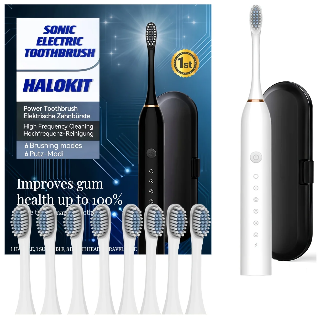 Sonic Electric Toothbrush - 8 Brush Heads & USB Rechargeable Tooth Brush - Black Travel Case & 6 Modes Smart Timer - Effective T