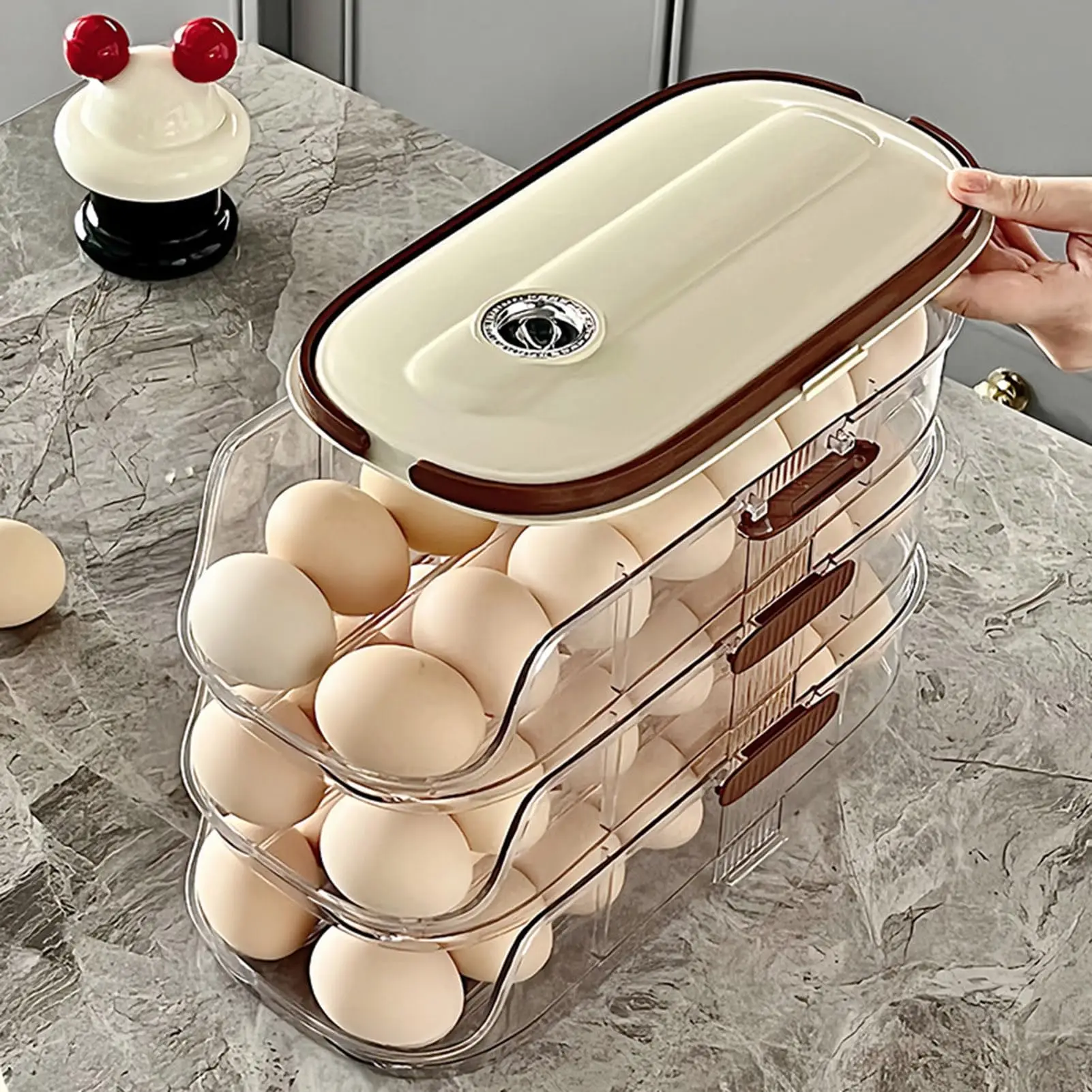 Egg Holder for Refrigerator Automatic Rolling, Storage Box Transparent Stackable Fridge Organizer with Lid For Kitchen