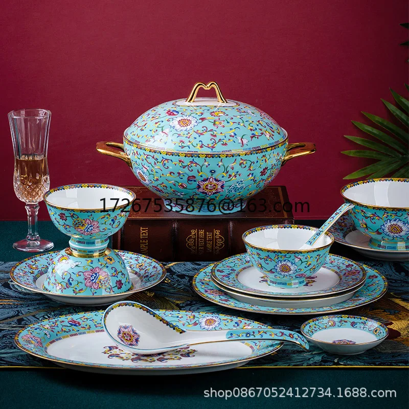 

Luxury Chinese enamel color dishes set, household bone china tableware, high-end household dishes, gifts