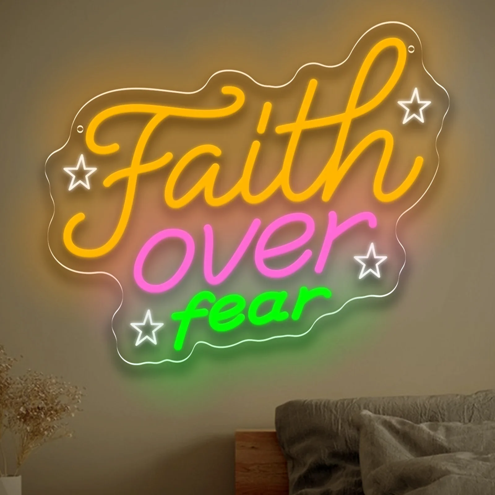 Faith Over Fear Colorful Star Neon Sign Christian Quote LED Wall Art Acrylic USB Powered Dimmable Light For Bedroom Church Decor