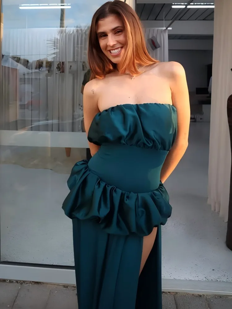 Blifanbo sexy sem alças fora do ombro maxi vestido feminino coxa divisão sem mangas ruched sem costas clube festa vestido de noite elegante