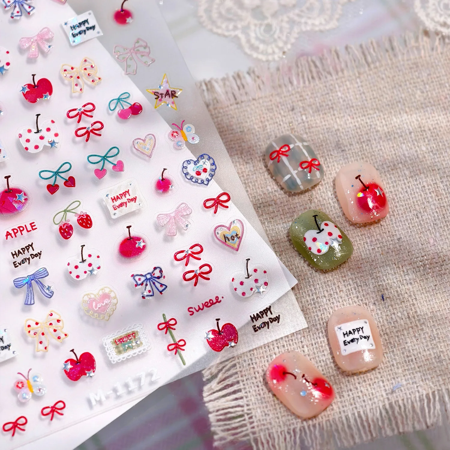 Kawaii Süße Apfel-Kirsch-DIY-Aufkleber Niedliche Hasen Frische Herzen Schleifen Sterne Nagelaufkleber Scrapbook Fotokarten Dekorative Abziehbilder