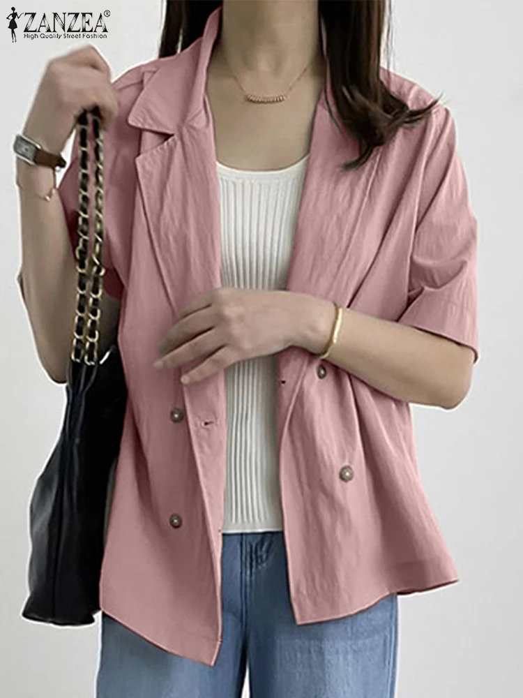 ZANZEA エレガント オフィスレディ ブレザー レディース スーツカラー 無地 シャツ 2025 ファッション 半袖 カジュアル OL 韓国風 コート アウター