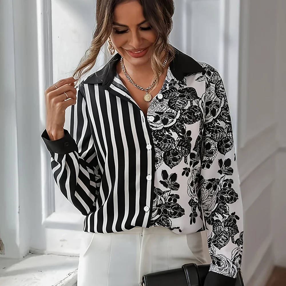 Black White Stripe Splicing Pattern Lapel Button Women's Shirt 3D Printed Casual Fashion Long Sleeve Button Blouses Spring Tops