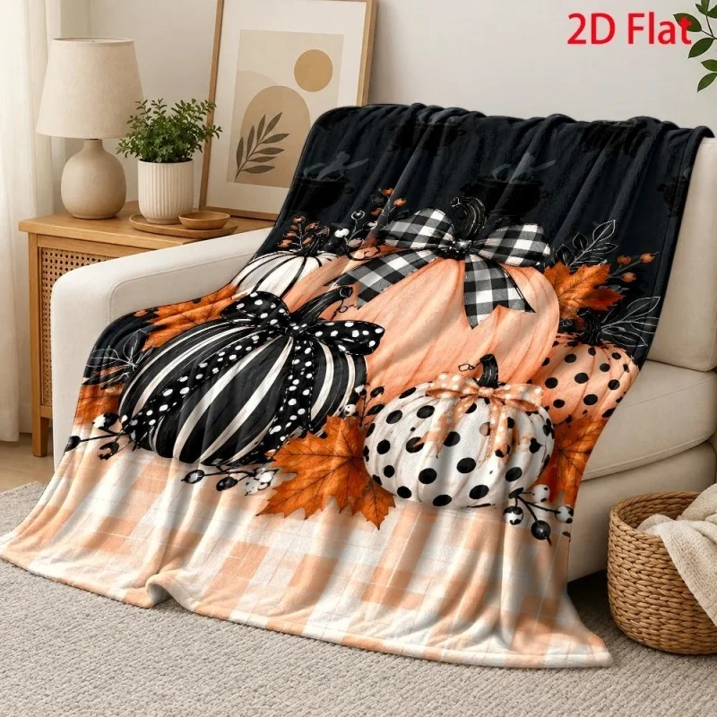 Stripe Polka Dot Pumpkin Maple Leaf Print Throw Blanket, Fall Season Decorative Home Throw