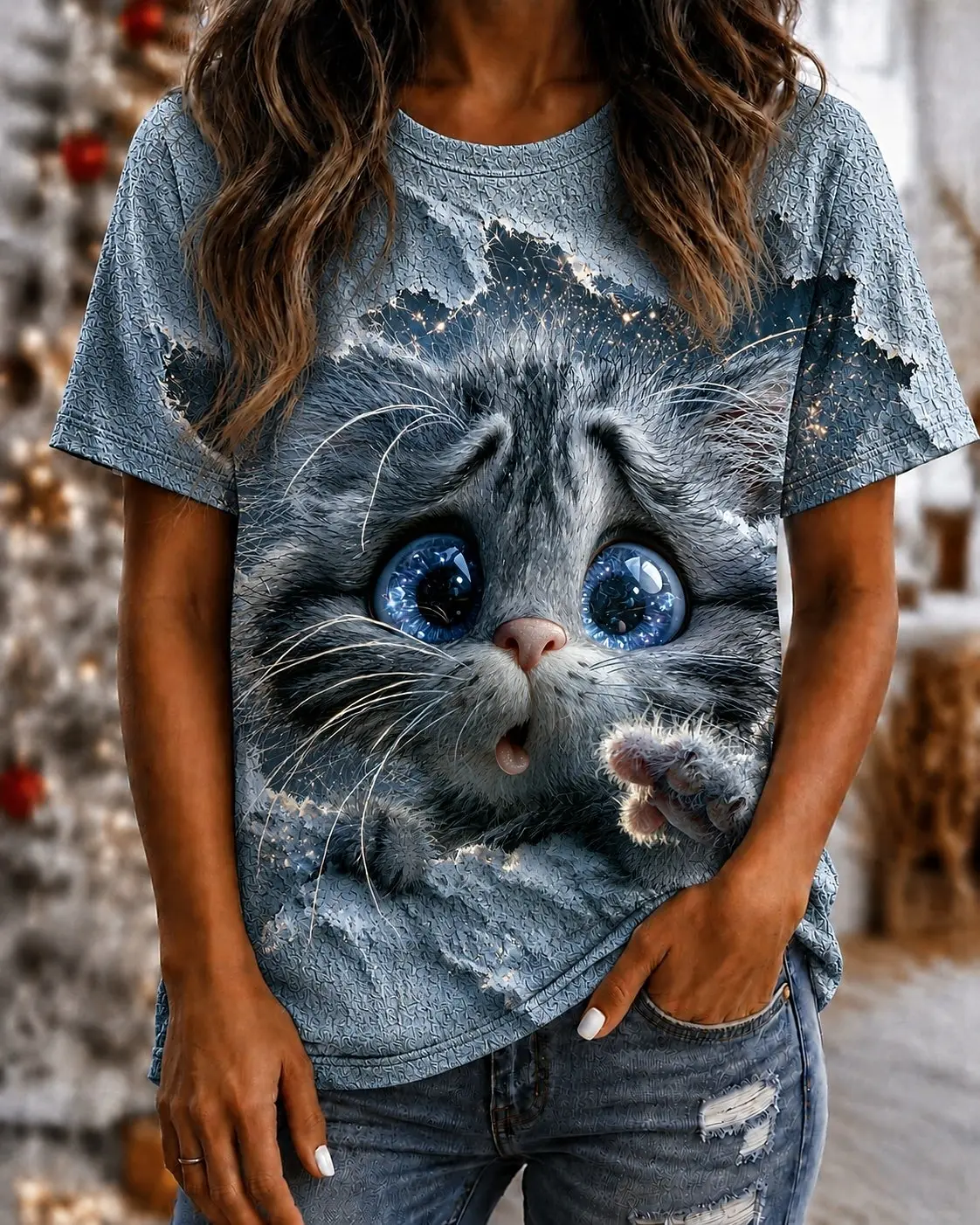 Women's Spring Summer 3D Printed Crew Neck T Shirt, Realistic Cute Black White Cat Big Head Ripped Paper Animal Daily Top