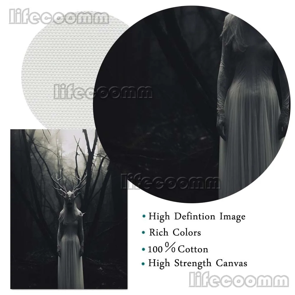 The Antlered Girl And The Pagan Witch In The Forest Art Poster Print Dark Witchcraft Aesthetics Abstract Wall Art Canvas Print
