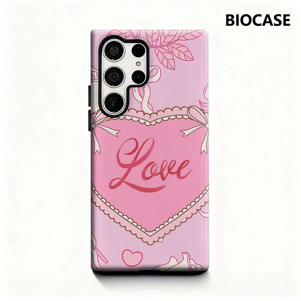 Pink Love Heart & Roses Phone Case for Samsung Galaxy S25 Ultra S24 S23 Ultra Plus Glossy Double-layer Back Cover