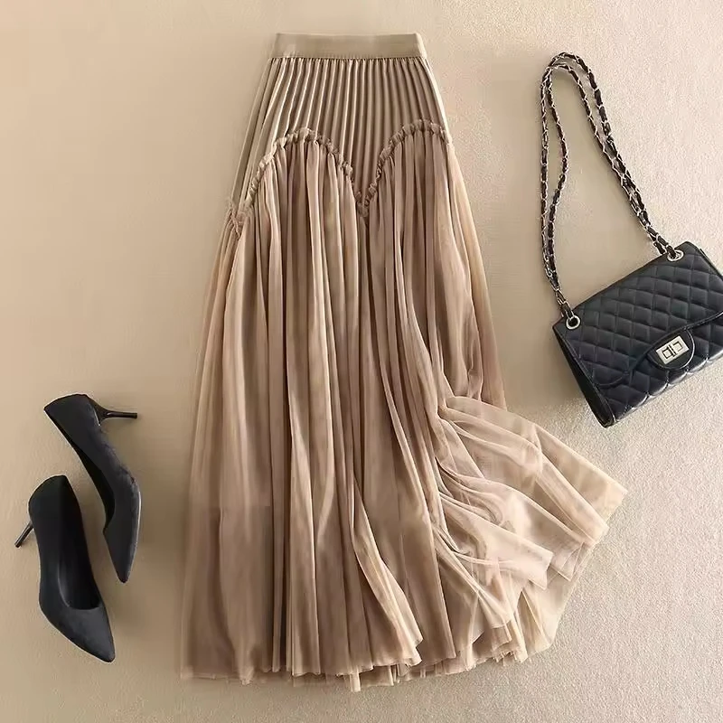 Women Spring Autumn Elegant Mesh Patchwork Pleated Midi Skirts Female Trendy Design High Waist A-line Skirt