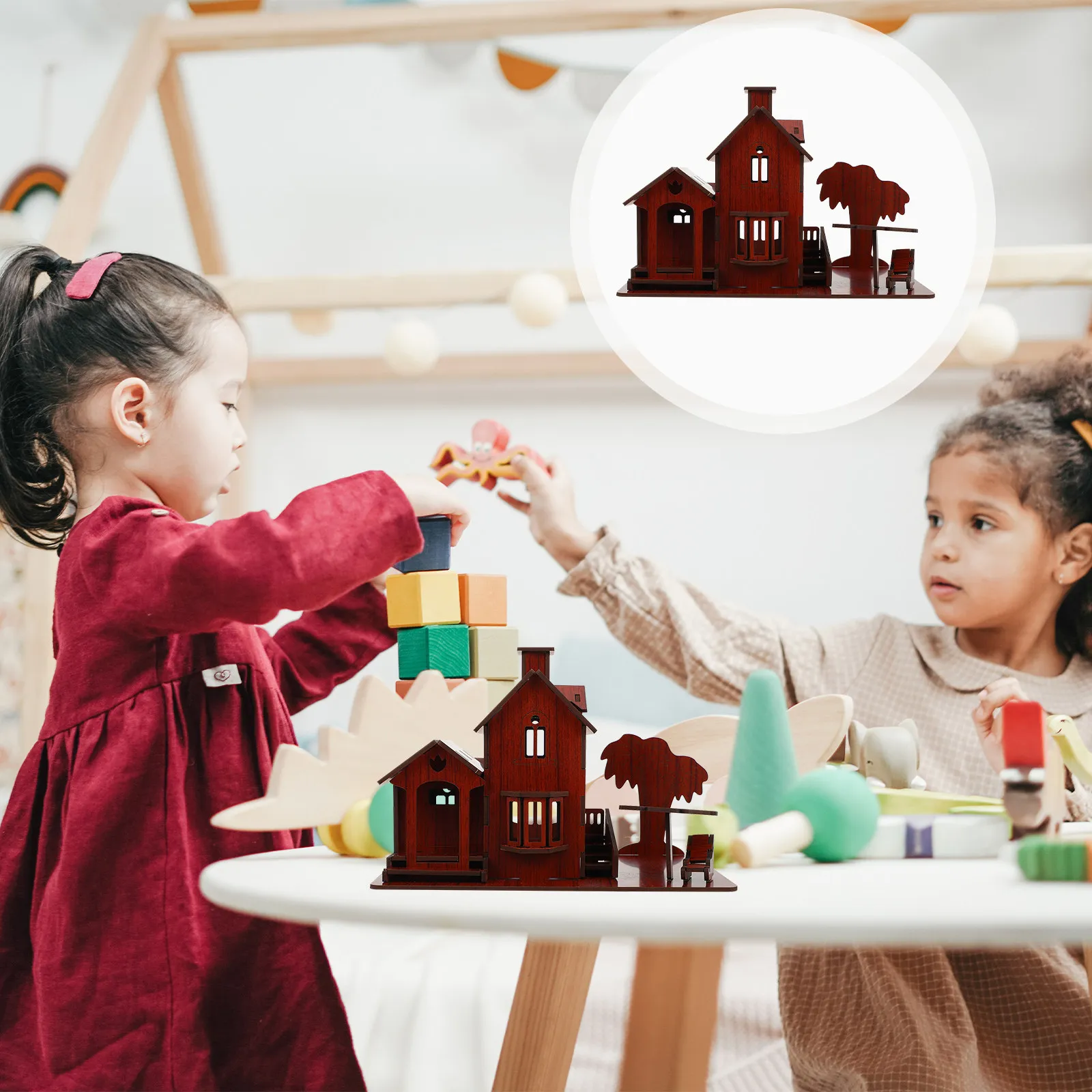 

1Pcs Villa Puzzle Wooden DIY Educational Plaything Kids Assembled House Desktop Ornament 3D Self-Assembling Puzzle