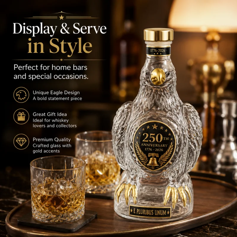 250th Anniversary Eagle Shaped Whiskey Decanter Premium Clear Glass Liquor Bottle With Golden Accents Unique Bird Design Bar