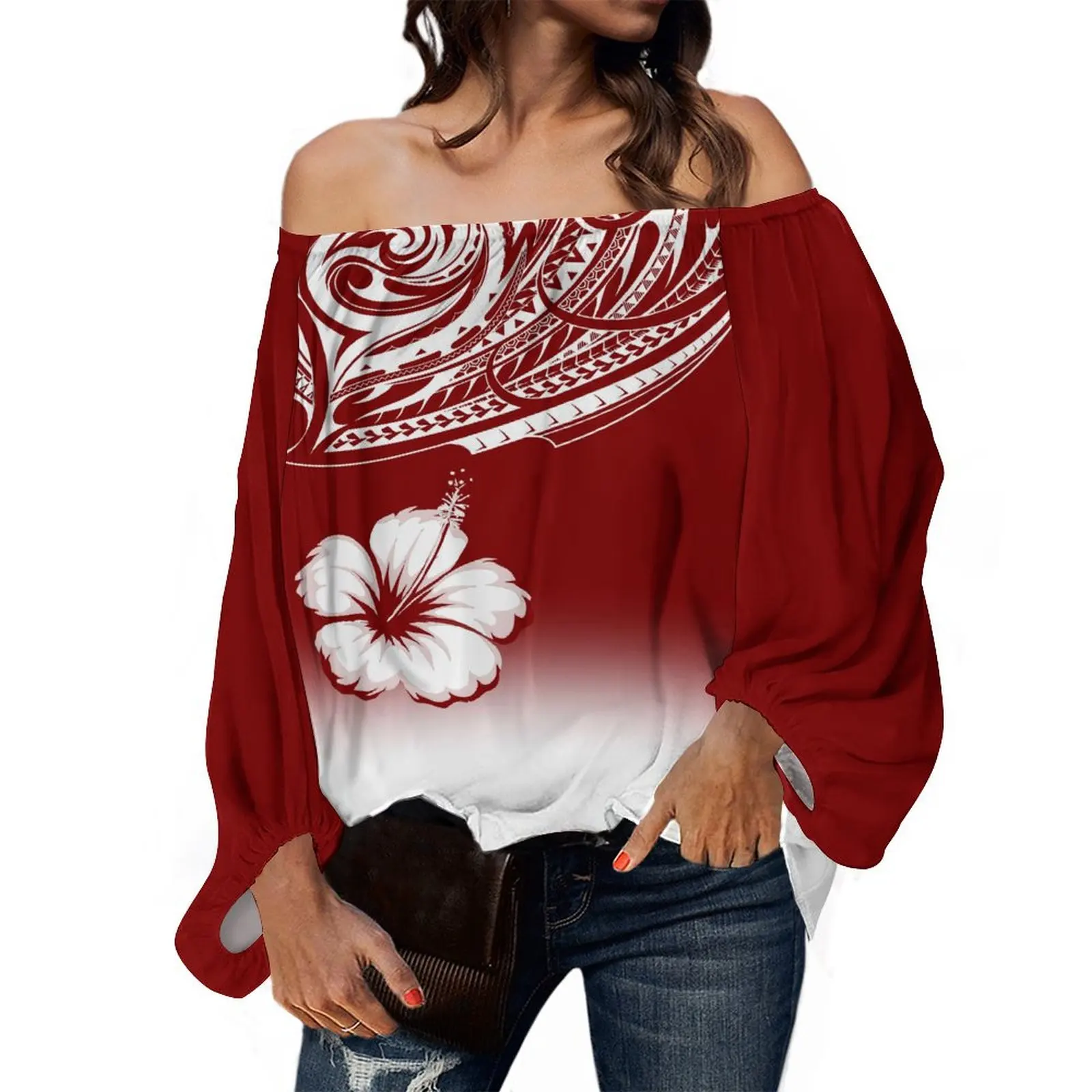 Pacific Island Art Clothing Custom Color Pattern Polynesian Ladies Top Floral Print Summer One-Line Shoulder Temperament Top