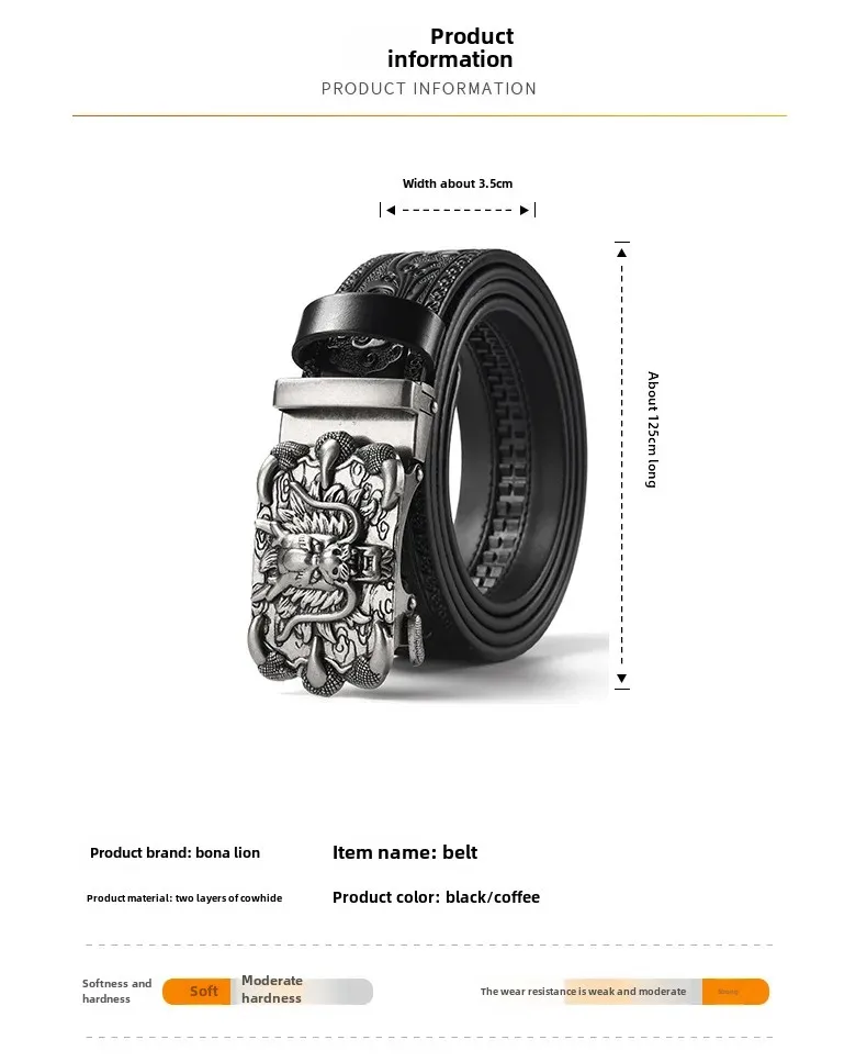 3,5 cm Beliebter chinesischer Loong-Gürtel aus Metalllegierung mit automatischer Schnalle, luxuriöser Herren-Gürtel aus echtem Leder, Retro-Gürtel mit geschnitzten Blumen – Detail 4
