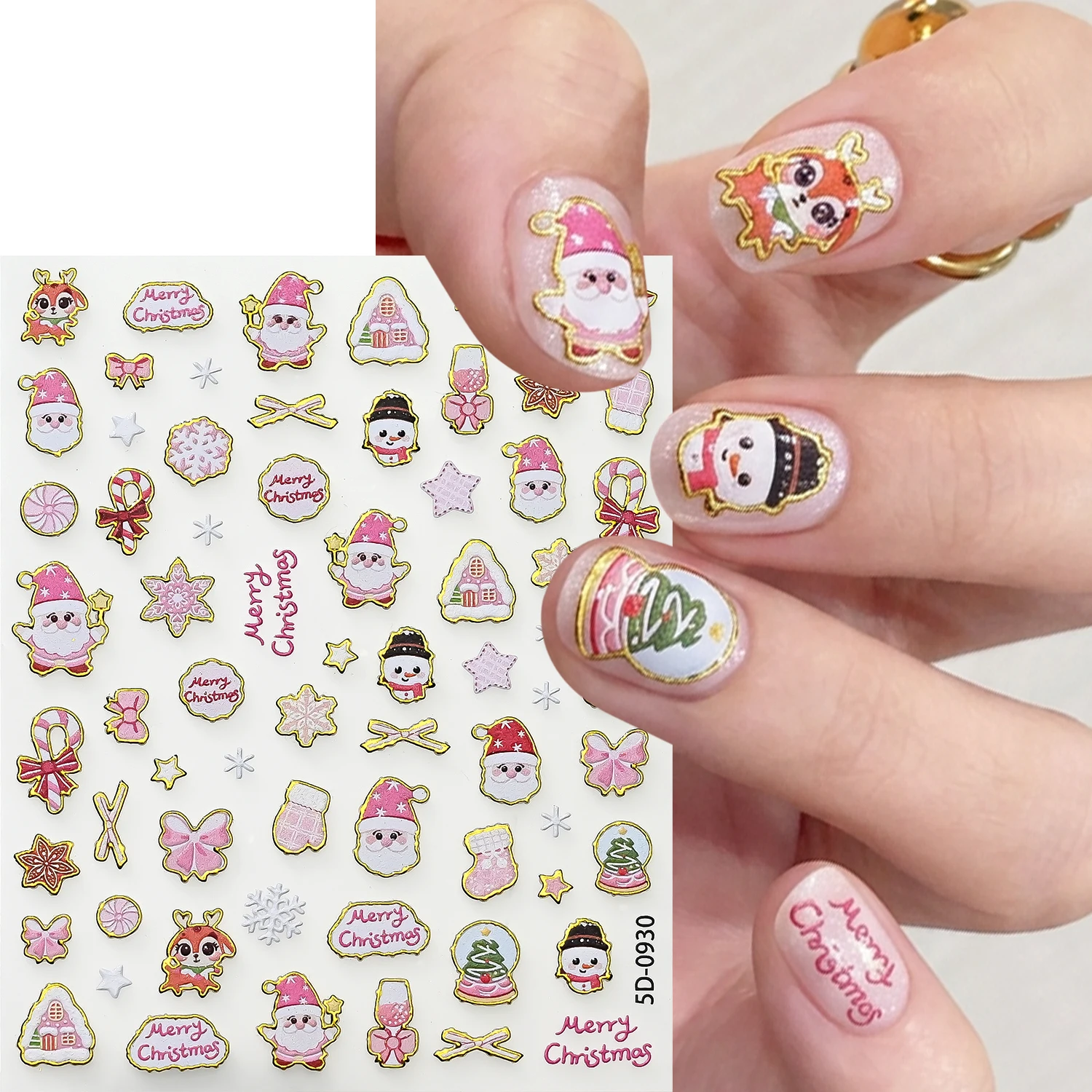1PCS Gold Edge 5D Embossed Xmas Nail Decals Cartoon Santa Elk Snowman Snow House Bow Nail Stickers For Winter Christmas New Year