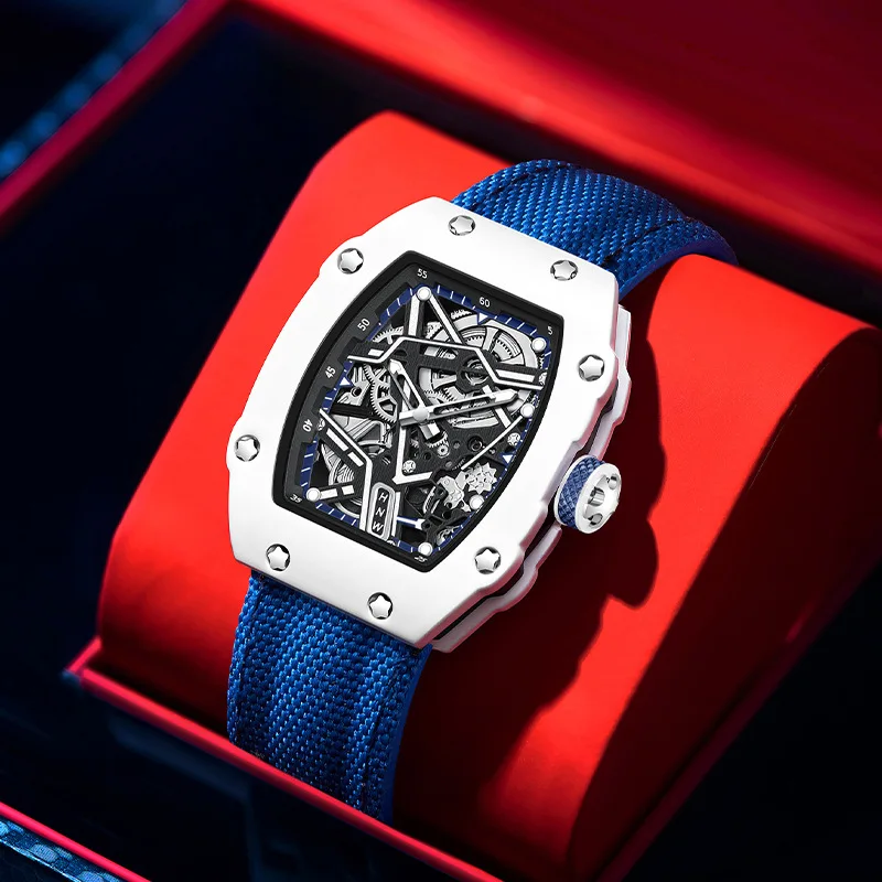 Unique White High-end Pattern Decorative Cool Ultra-Thin Barrel Shaped Quartz Watch Men Tonneau Distinctive Nylon Watch Reloj