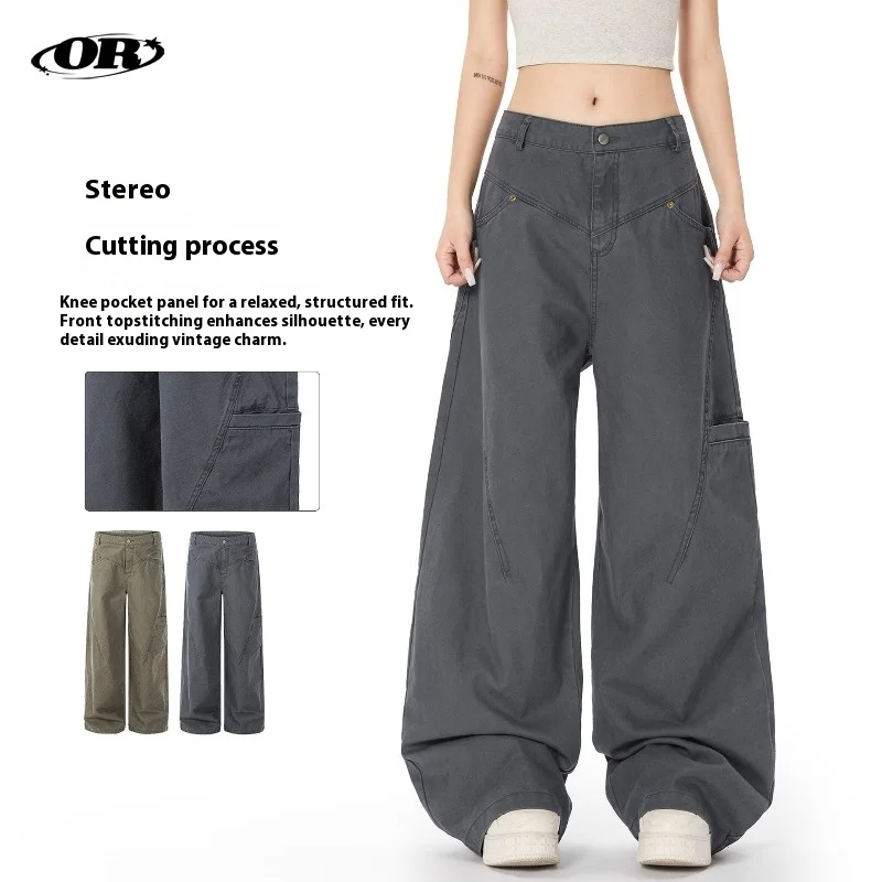 OR FL American Retro Vintage 100 Cotton Women Cargo Trousers Deconstructed Design Staraight Wide Leg Mop the Floor Casual Pants