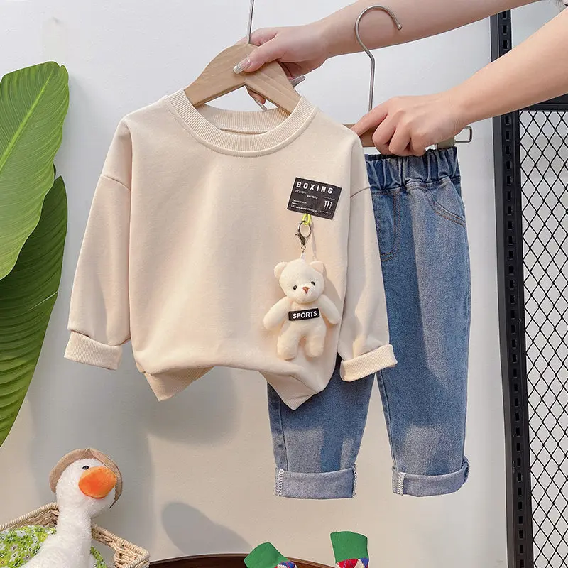 Spring Kids Boys Children Clothing Toddler Tracksuits Clothes Long Sleeve Cartoon T-shirt Jeans Set Cotton Suits 0-5 Years