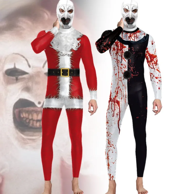 Adult Women Men Cosplay Costume Halloween Moive Scary Terrifier 3 Clown Bloody Print Jumpsuits Party Stage Performance Bodysuits