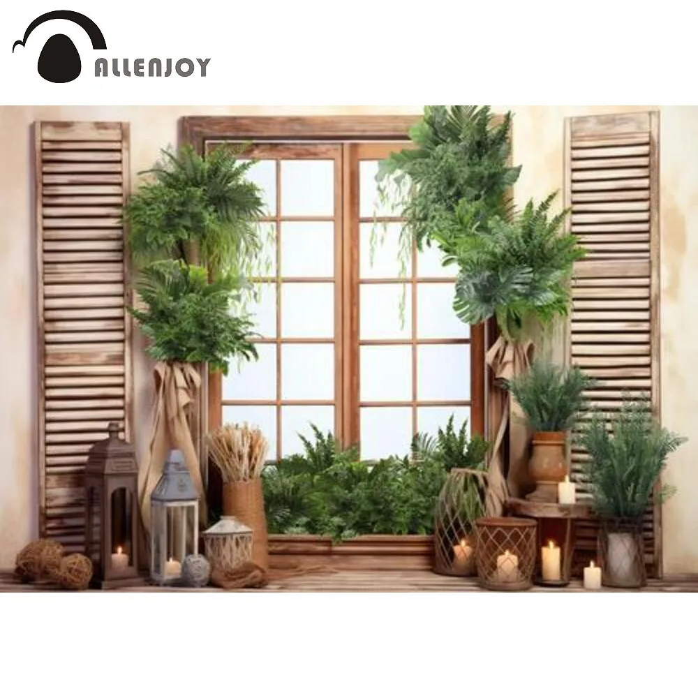 Allenjoy Interior Greenery Plant Photography Backdrop Tropical Plants Candles Window Scene Photoshoot Background