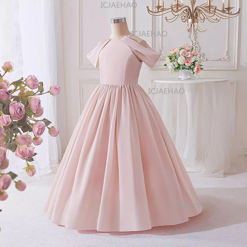 Pink Girls Long Princess Dress Children Elegant Violin Performance Host Gown Pageant Formal Party Birthday Celebration Outfit