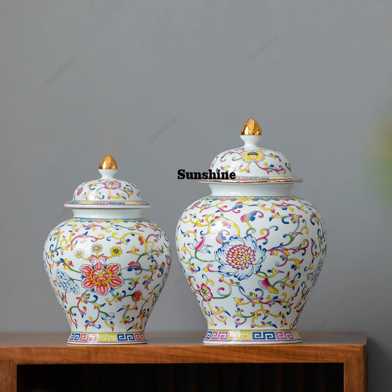 Enamel Painted Flower Pattern Storage Jar Sealed Tea Jar Sundries Food Storage Decorative Tank Crafts Ceramic Tank Home Decor
