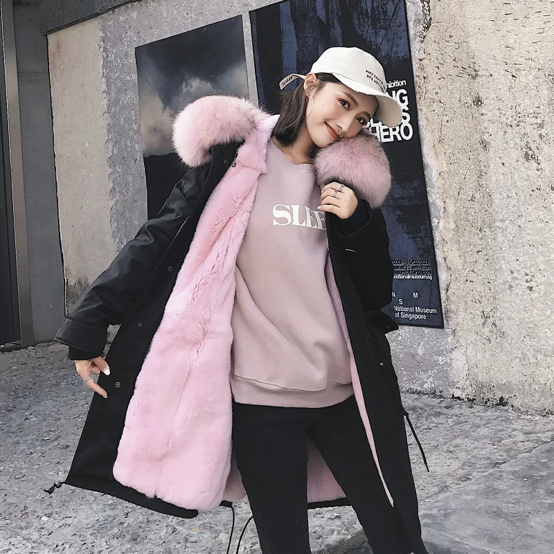 to school 2023 overcome new female detachable rex rabbit fur liner fox fur collar fur coat female long coat