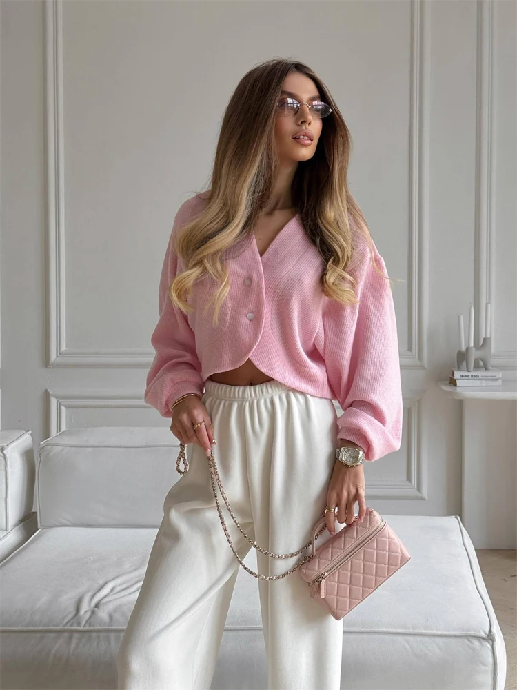 

Chic Kintted Cardigan Women's Fashion Solid V-neck Long-sleeved Double Buttons Loose Short Sweater 2026 Spring Lady Cardigan