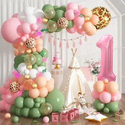 1St Jungle Safari Birthday Party Decoration, Pink Sage Green 1St Jungle Hunting Balloon Garland Arch Kit with Numbers 1 Aluminum Foil Balloon, Animal Print Balloon, Suitable for First Hunting Theme Party Supplies