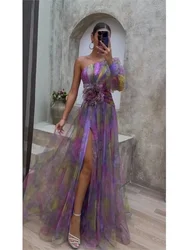 Sexy Contrasting Color Flower Print Maxi Dress Women Fashion Off Shoulder Split Robe Vestidos Fashion Chic Lady Party Dresses