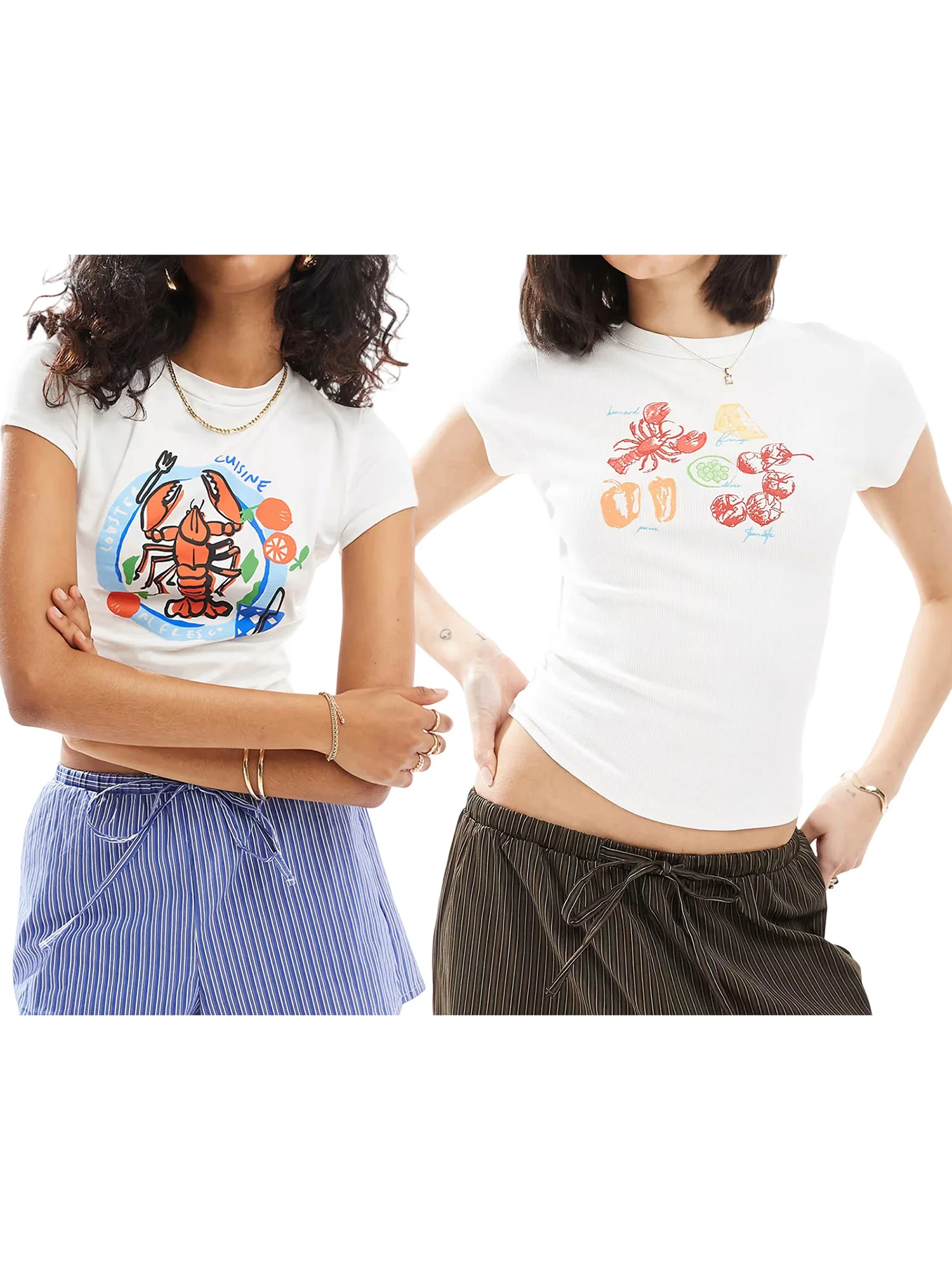 Sommer-T-Shirt für Damen, lässige Passform, stilvoller Krabben-Print, Rundhalsausschnitt, kurze Ärmel, bauchfreie Tops mit Rüschensaum-Detail