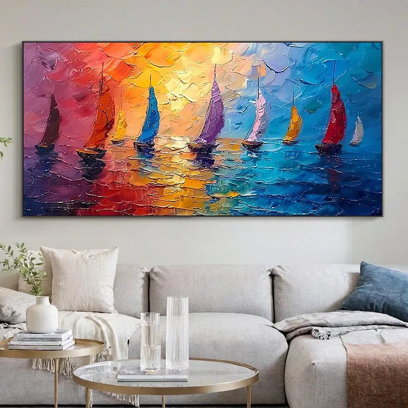 2D Flat Large Abstract Oil Painting, Seascape Sailing Retro Textured Canvas Painting Moder Poster and Prints Picture Home Decor