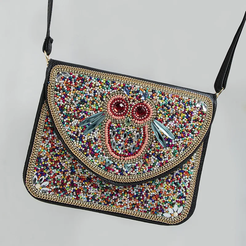 

Bohemian Style Bag Rice Beads Ethnic Style Satchel Shell Mobile Phone Bag Flower PU Shoulder Messenger Bag for Women