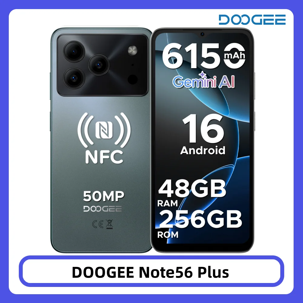 DOOGEE Note56 Plus Smartphone 48GB 256GB 6150mAh Large Battery 6.56'' 90Hz Display 50MP Camera NFC Android 16 Mobile Phones