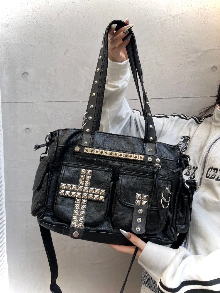 bolso-tote-para-mujer-bolso-bandolera-original-hecho-a-mano-con-remaches-estilo-punk-bolso-de-cuero-negro-Unico
