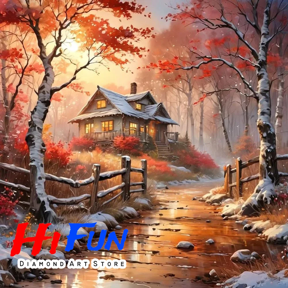 

Full Square Diamond Painting Winter Cottage Landscape Picture Golden Sunset Diamond Embroidery Rhinestones Rustic Country Decor