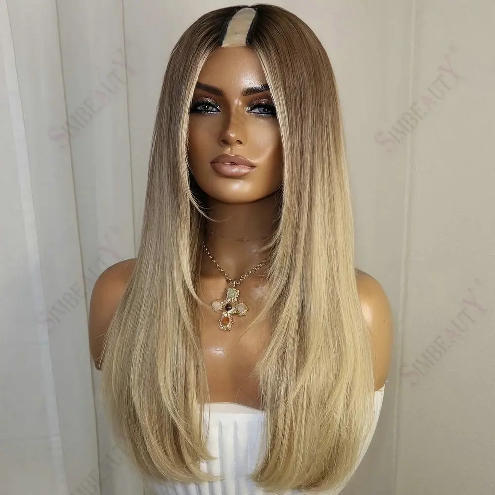 Dark Roots Seidenglatt 1X4 Größe U-Part Perücken Echthaar Aschblond Ombre Remy Europäisch Kleberlos Maschinell Hergestellt V-Part Damenperücke – Detail 1