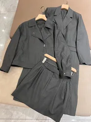 Women's Fall 2024 Motorcycle Jacket + Worsted Wool Skirt + Long Coat Suit