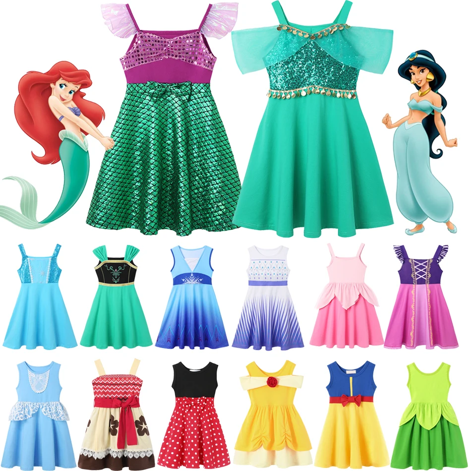 Disney Summer Girls Kids Princess Mermaid Ariel Sleeveless A-line Dress Children Baby Elsa Anna Belle Rapunzel Casual Clothing