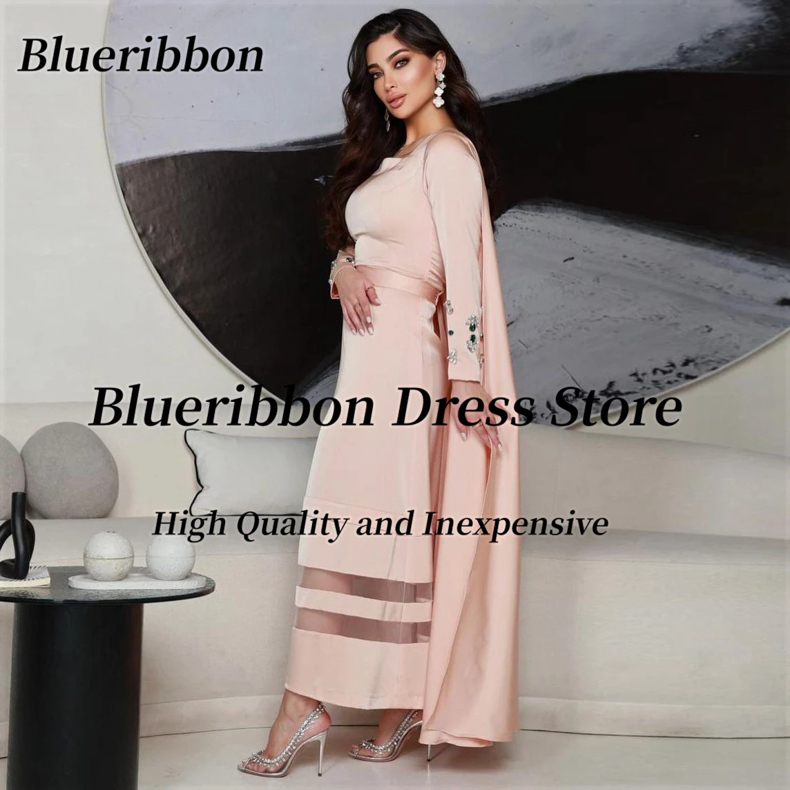 

Blueribbon 2024 Saudi Arabia Birthday Party Evening Dresses Beaded Long Sleeves Wraps Prom Dress Ankle Length Wedding Guest Gown