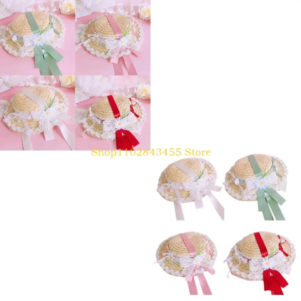 

49MC Girls Women Tea Party Sun Hat Realistic Flower Daisies Decorations Lace Ribbon Straw Hats Small for Adults Kids