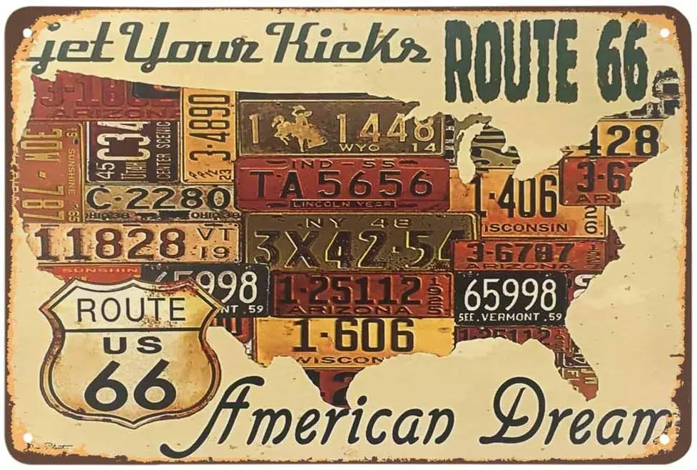 AOYEGO Usa Map Tin Sign,Get Your Kicks Gold Route 66 American Dream Vintage Metal Tin Signs for Cafes Bars Pubs Shop Wall Decora